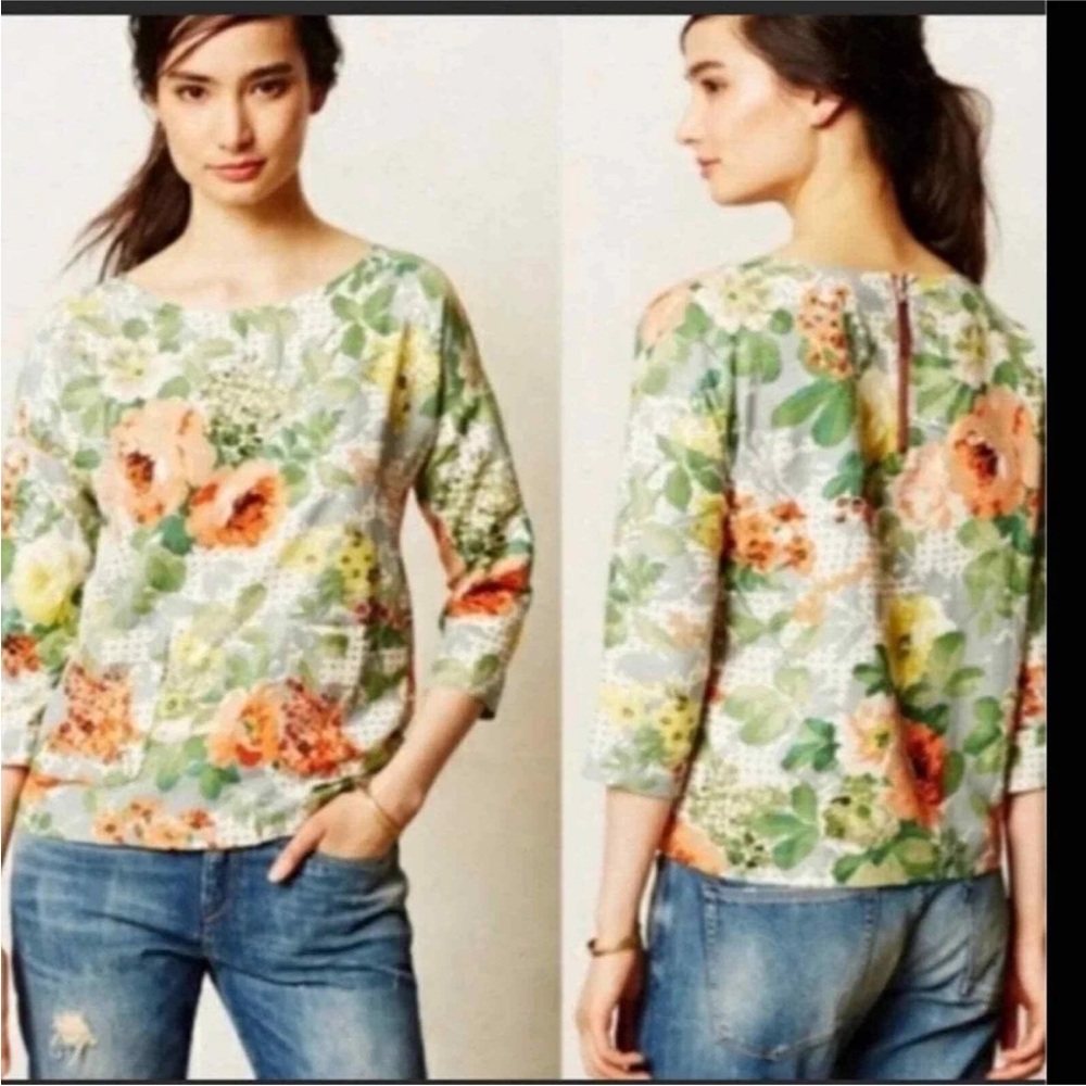 Anthropologie HD in Paris Bloomfield Floral Top 3/4 Sleeve Front Pocket Medium